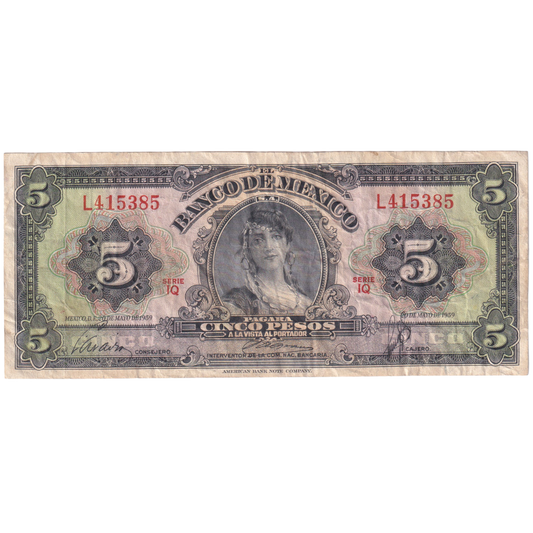Mexico 1959 5 Pesos F L415385 Banknote