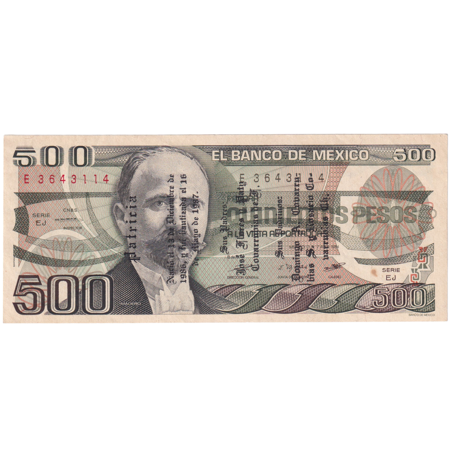 Mexico 1984 500 Pesos UNC E 3643114 Banknote