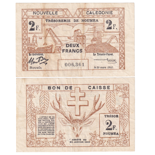 New Caledonia 1943 2 Francs UNC 006,361 Banknote