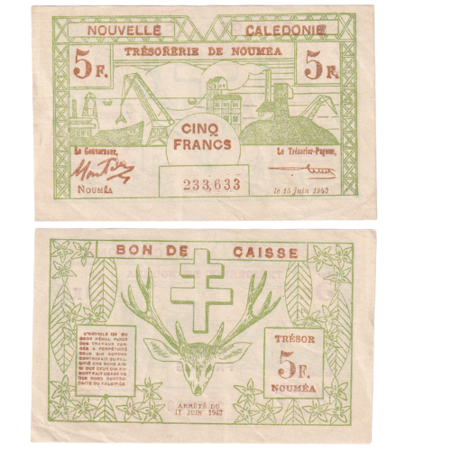 New Caledonia 1943 5 Francs F 233,633 Banknote