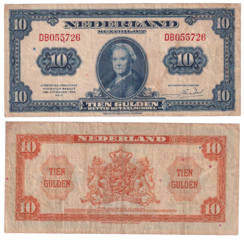 Netherlands 1944 10 Gulden F DB055726 Banknote