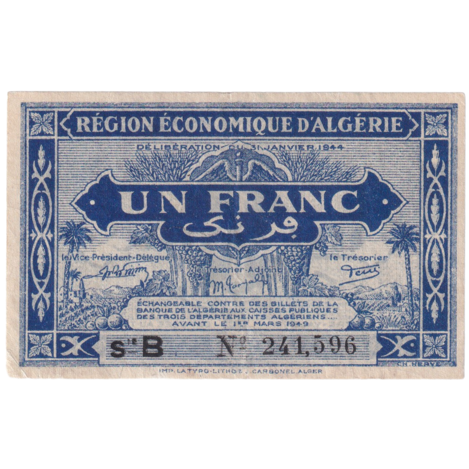 Algeria 1944 1 Franc  UNC 241596 Banknote