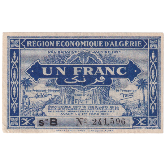 Algeria 1944 1 Franc  UNC 241596 Banknote