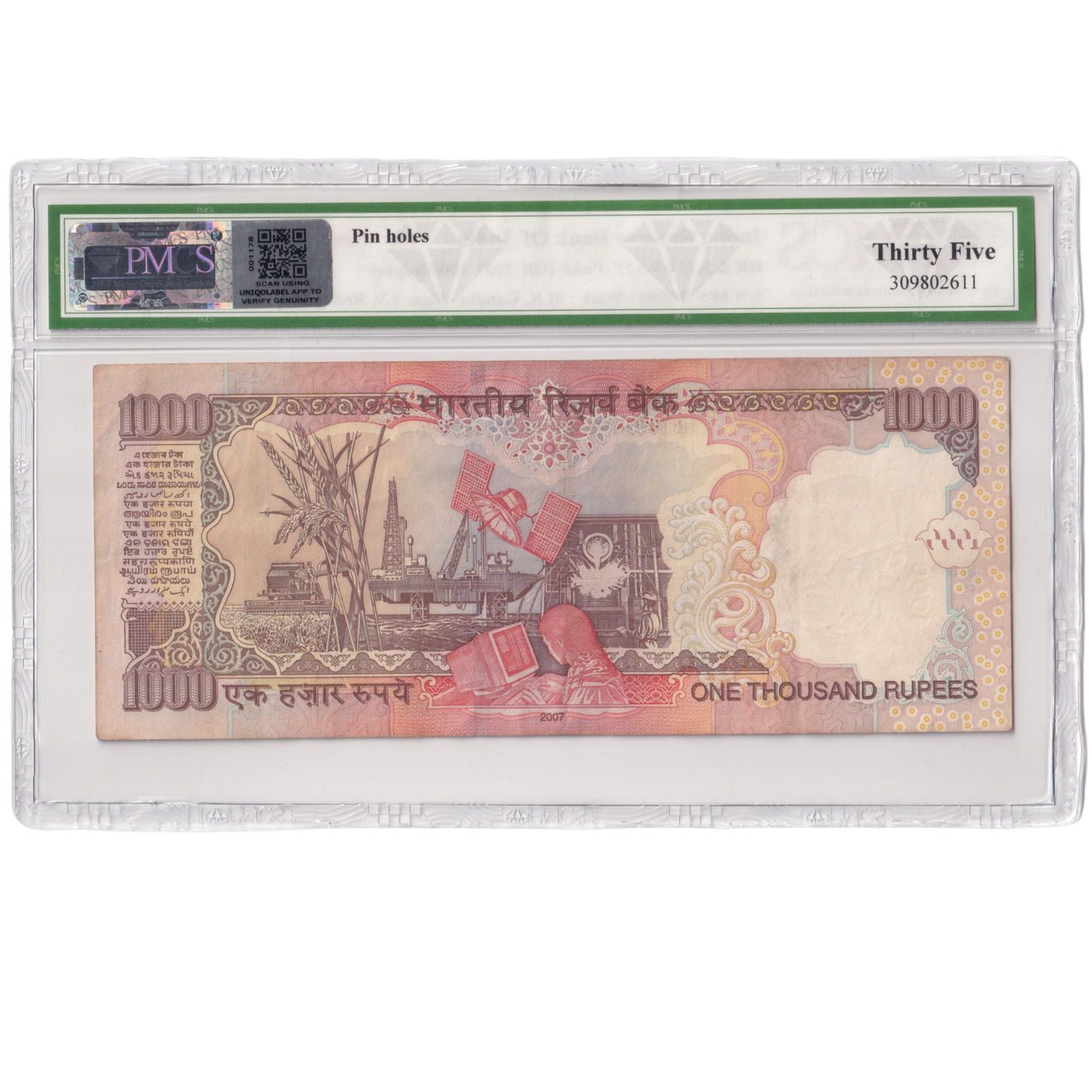 India 2007 1000 Rupees Sign Y.V.Reddy PMCS Certified 8BS 300000 Banknote
