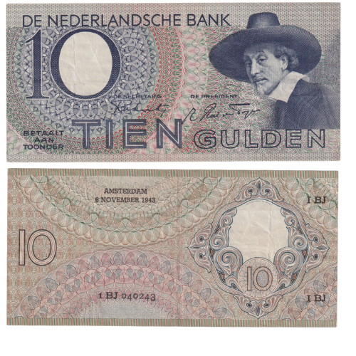 Netherlands 1943 10 Gulden UNC 1 BJ 040243 Banknote