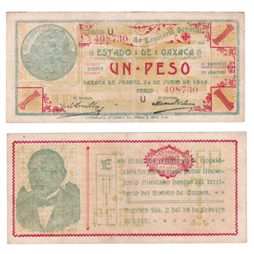 Mexico 1915 1 Peso F 408730 Banknote