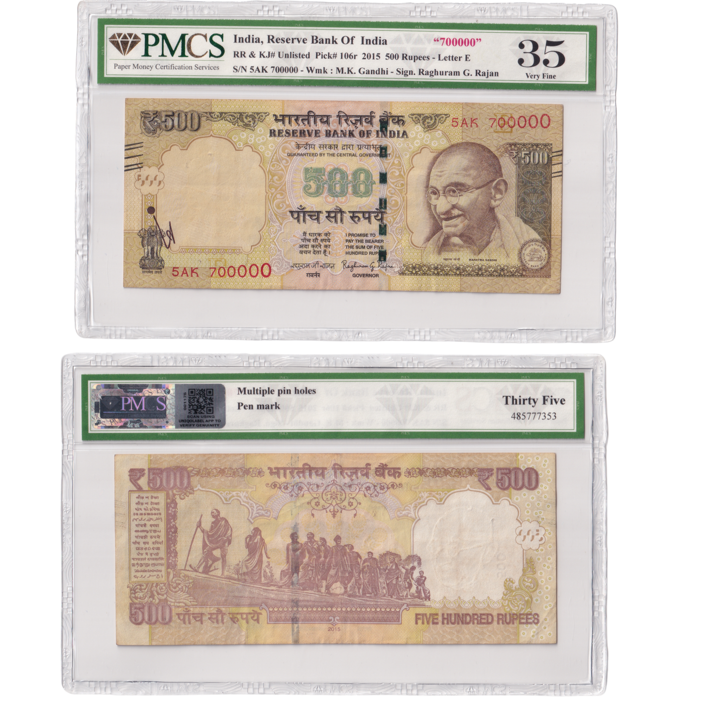 India 2015 500rs Sign Raghuram G.Rajan PMCS Certified 35 5AK 700000