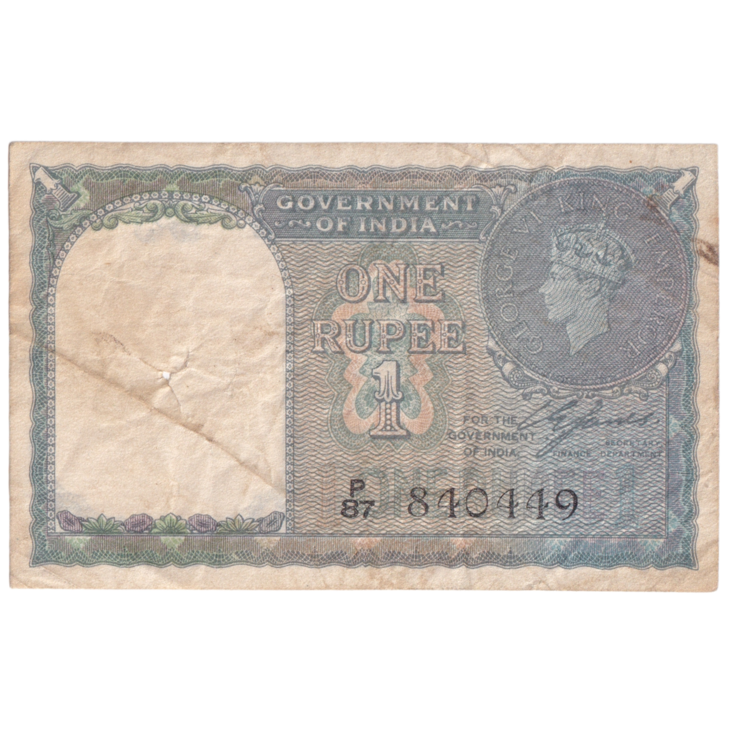 India 1940-1944 1 Rupee C.E.Jones Sign 840449