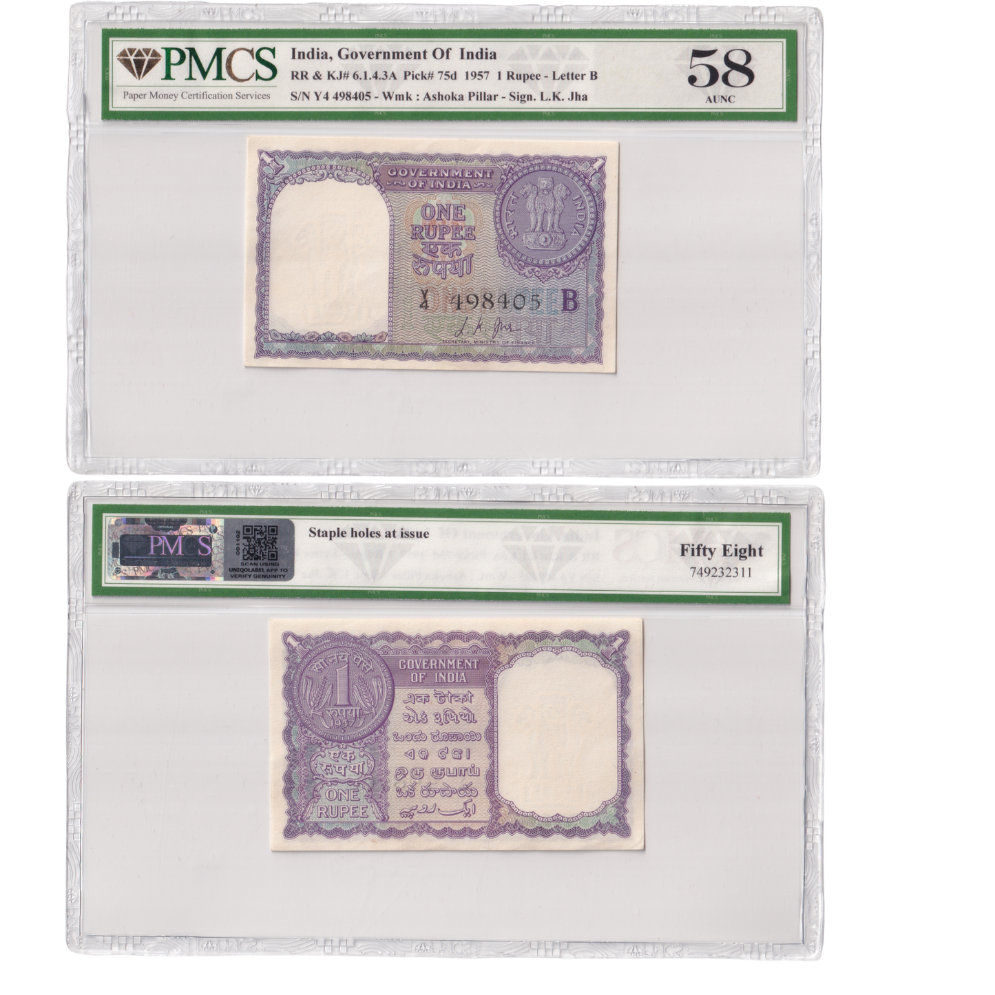 India 1957 ONE RUPEE L K Jha Signature PMCS GRADED 58 AUNC Banknote RARE Serial Number Y4 498405