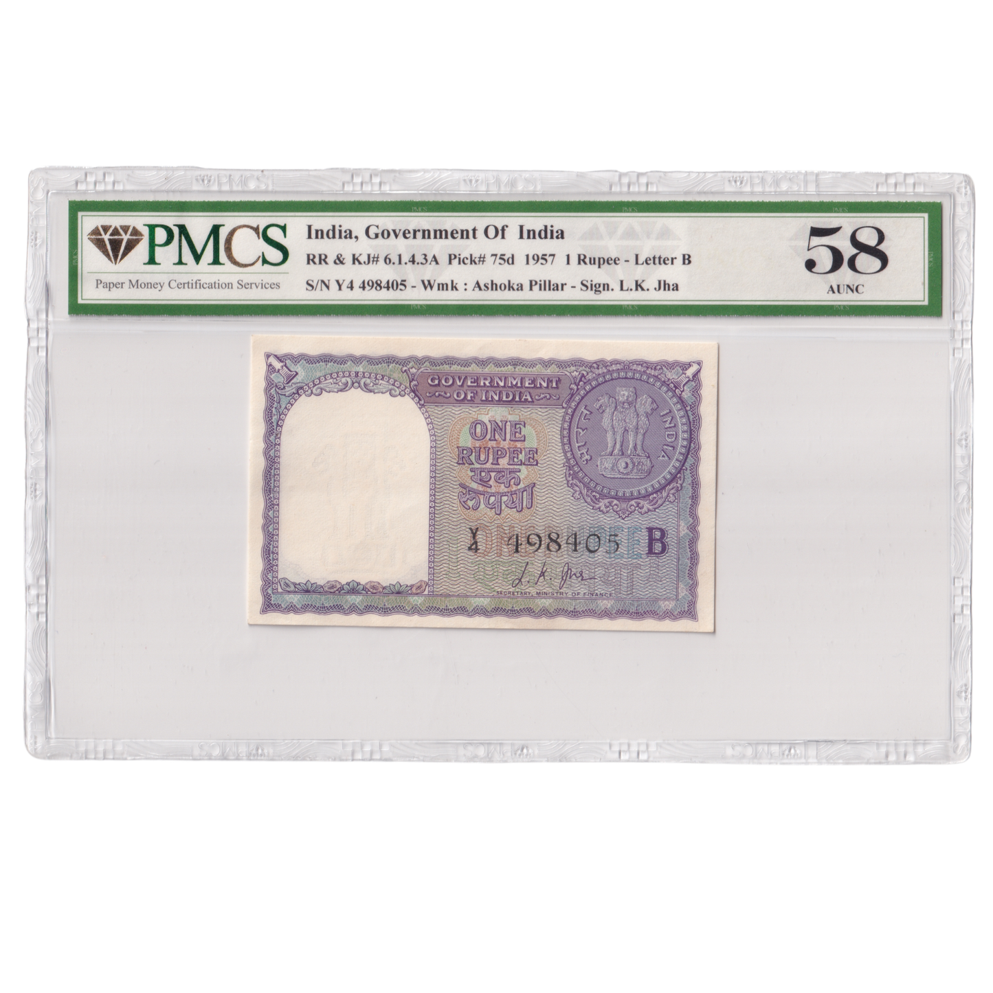 India 1957 ONE RUPEE L K Jha Signature PMCS GRADED 58 AUNC Banknote RARE Serial Number Y4 498405