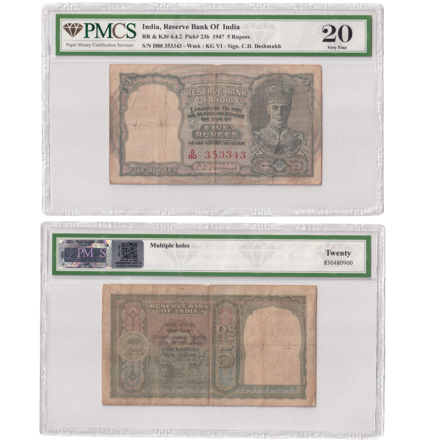 India 1947 5rs Sign C.D.Deshmukh PMCS Certified 20 D80 353343