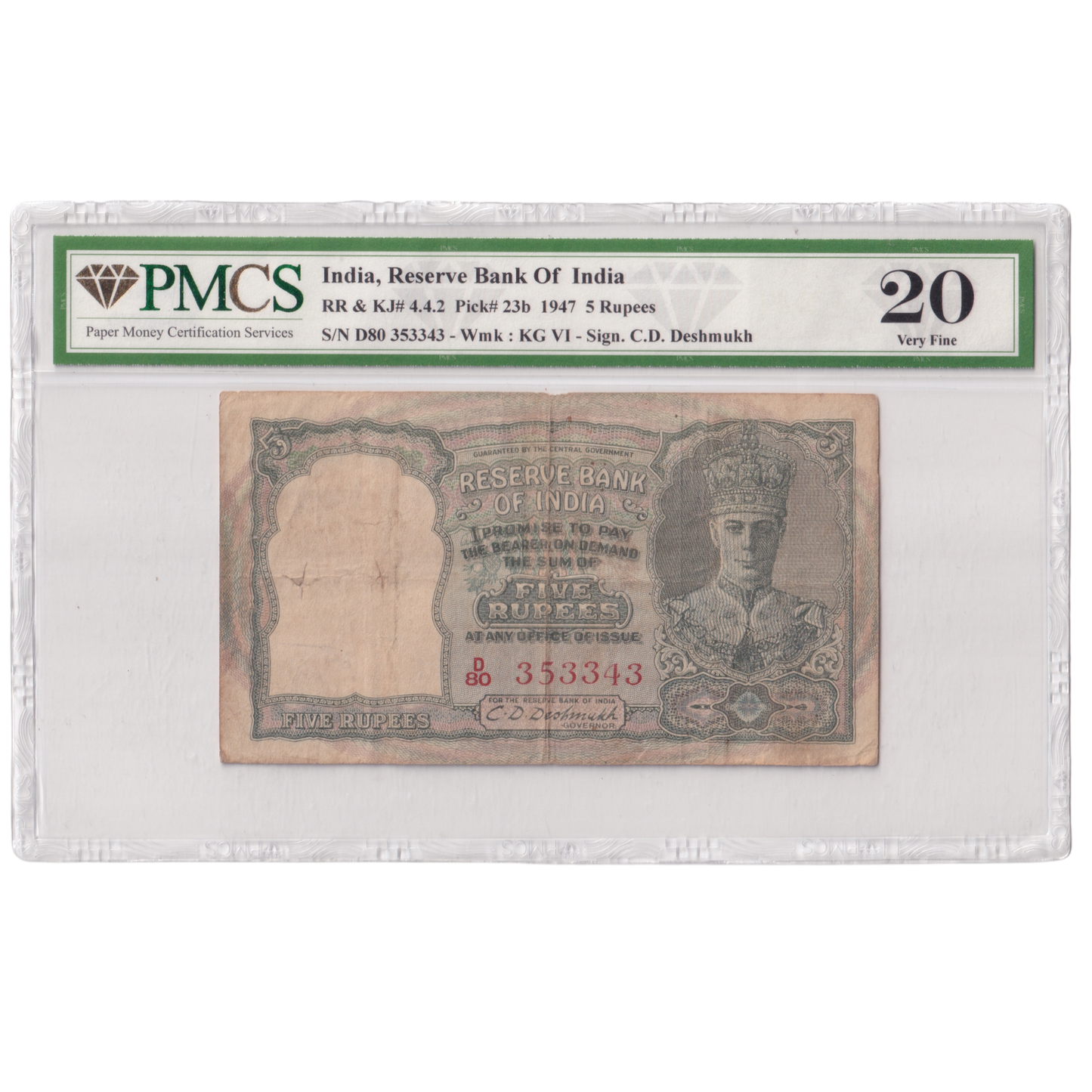 India 1947 5rs Sign C.D.Deshmukh PMCS Certified 20 D80 353343