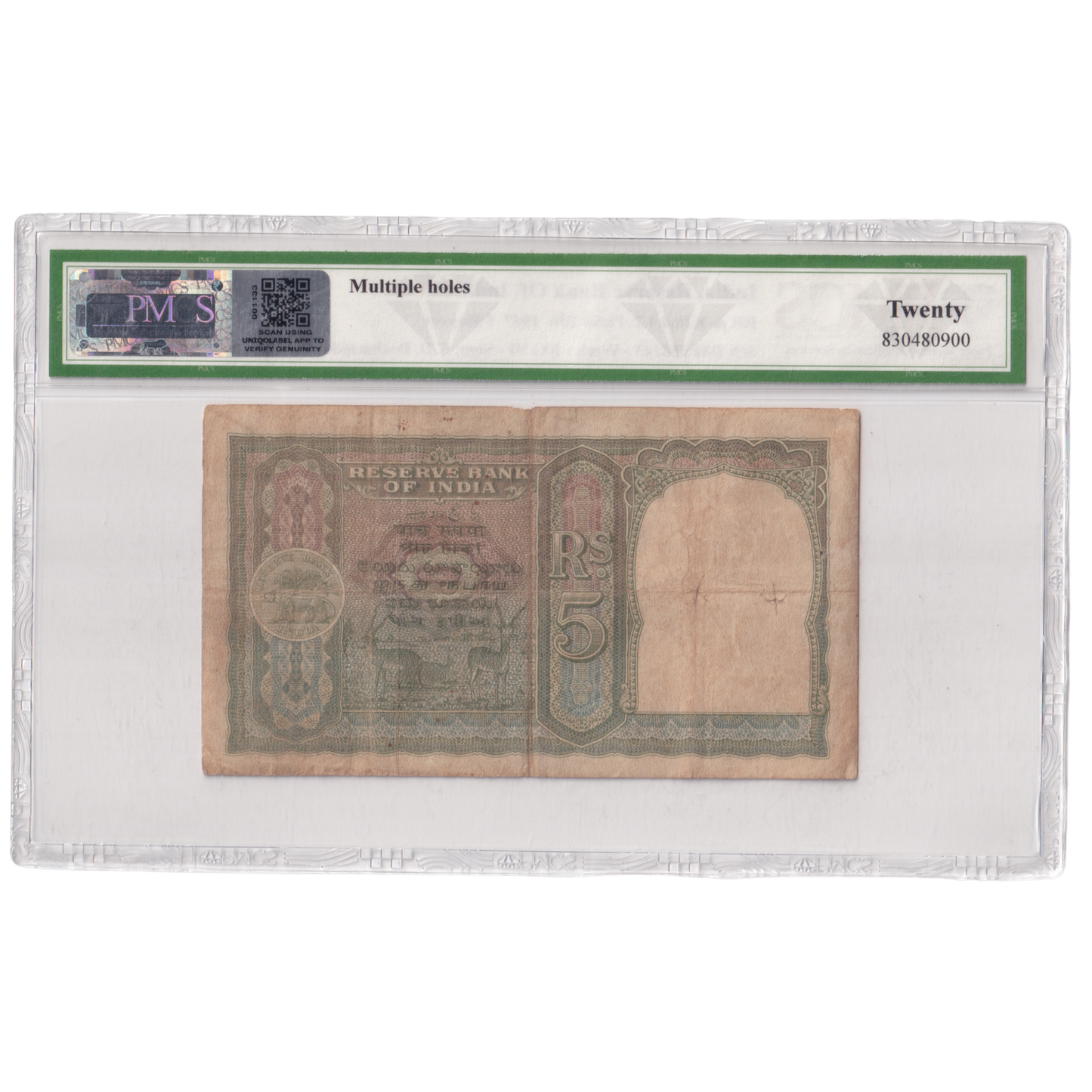 India 1947 5 Rupees Sign C.D.Deshmukh PMCS Certified 20 D80 353343 Banknote