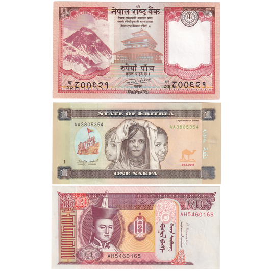 3 notes set of Nepal, Mongolia, Eritrea Uncirculated