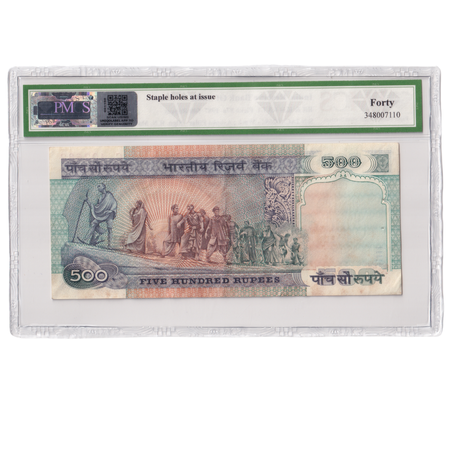 India 1987 500rs Sign R.N.Malhotra PMCS Certified 40 2AC 102682