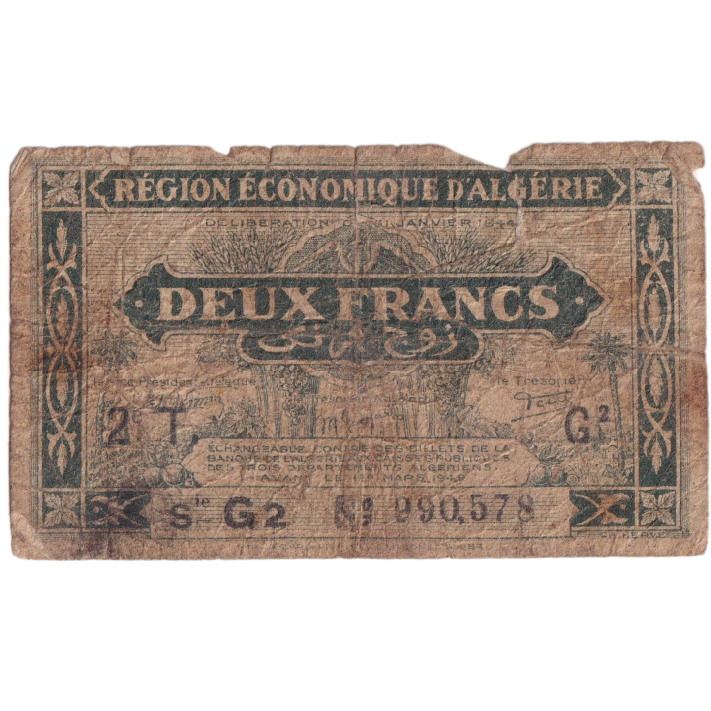 Algeria 1944 2 Francs G 990578 Banknote