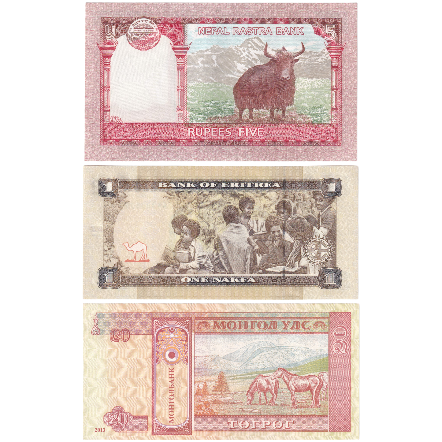 3 notes set of Nepal, Mongolia, Eritrea Uncirculated
