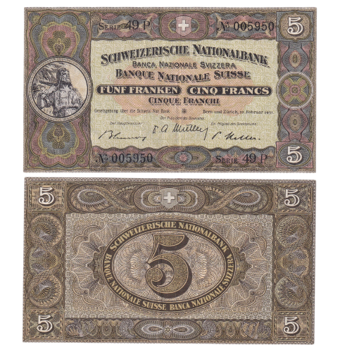 SWITZERLAND 1927 5 FRNACS F 005950 BANKNOTE