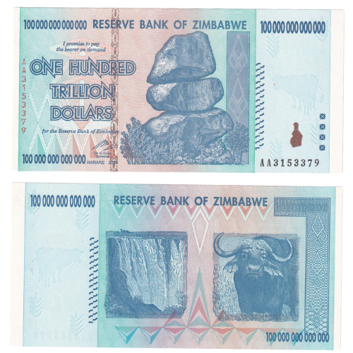 ZIMBABWE 2008 100 TRILLION DOLLARS UNC AA3153379 BANKNOTE