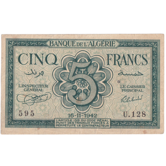 Algeria 1942 5 Francs F 595U128 Banknote