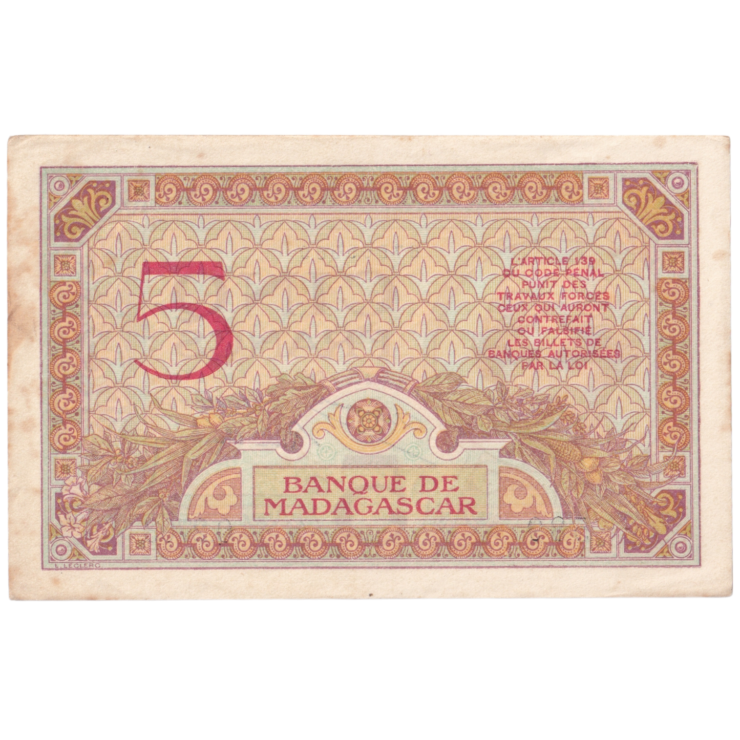 MADAGASCAR 1926-1947 5 FRANCS VF 589 Q.2703 Banknote
