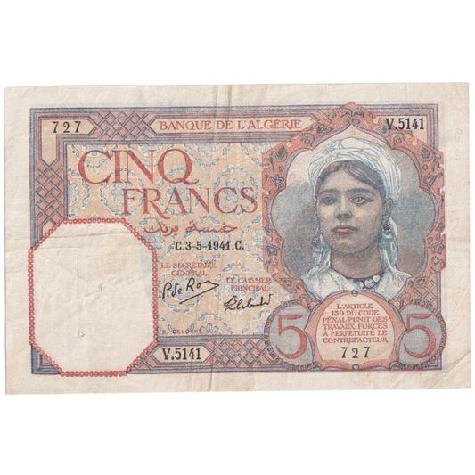 ALGERIA 1941 5 FRANCS AUNC V.5141 727 Banknote