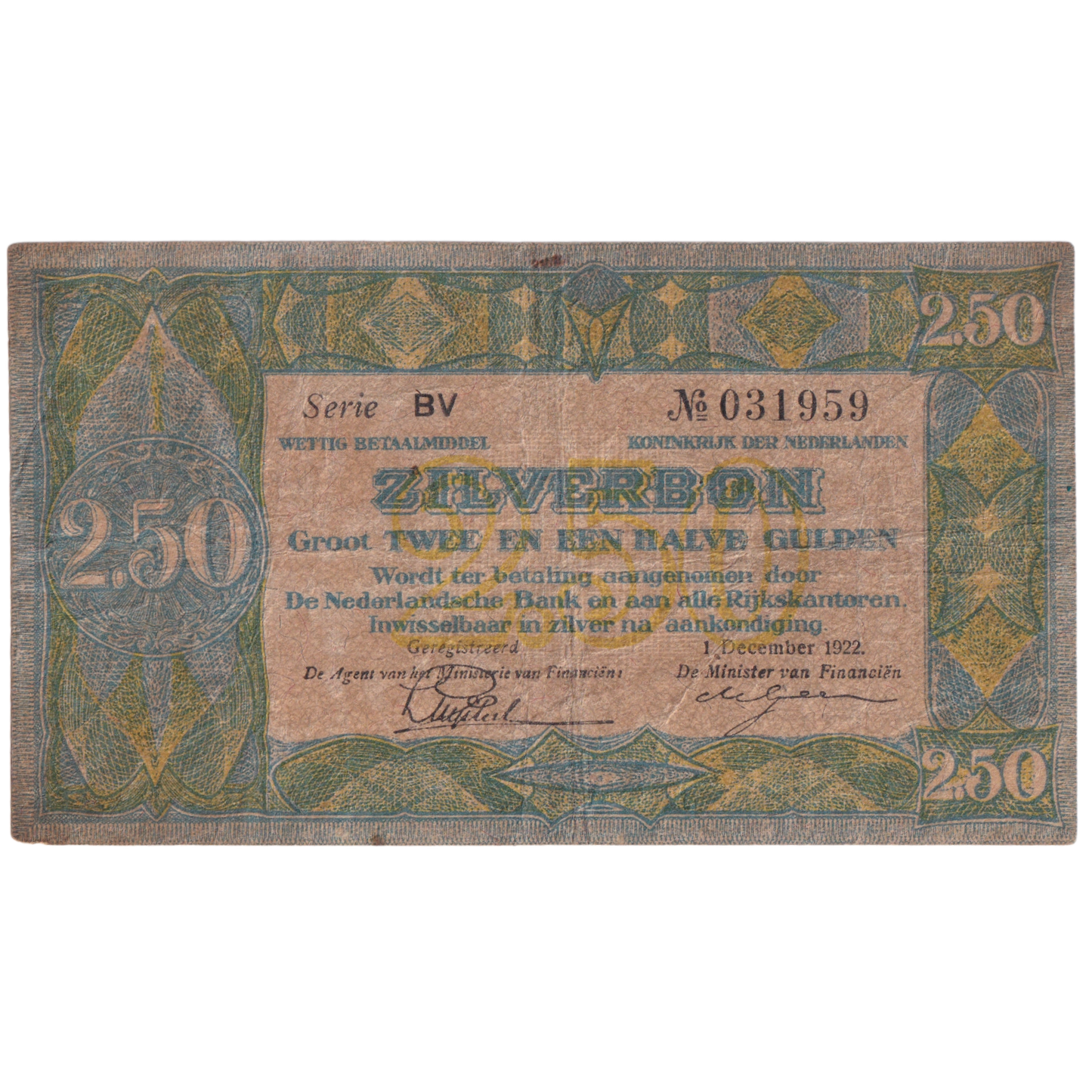 NETHERLAND 1918 2.5 GULDEN G BV 031959 Banknote