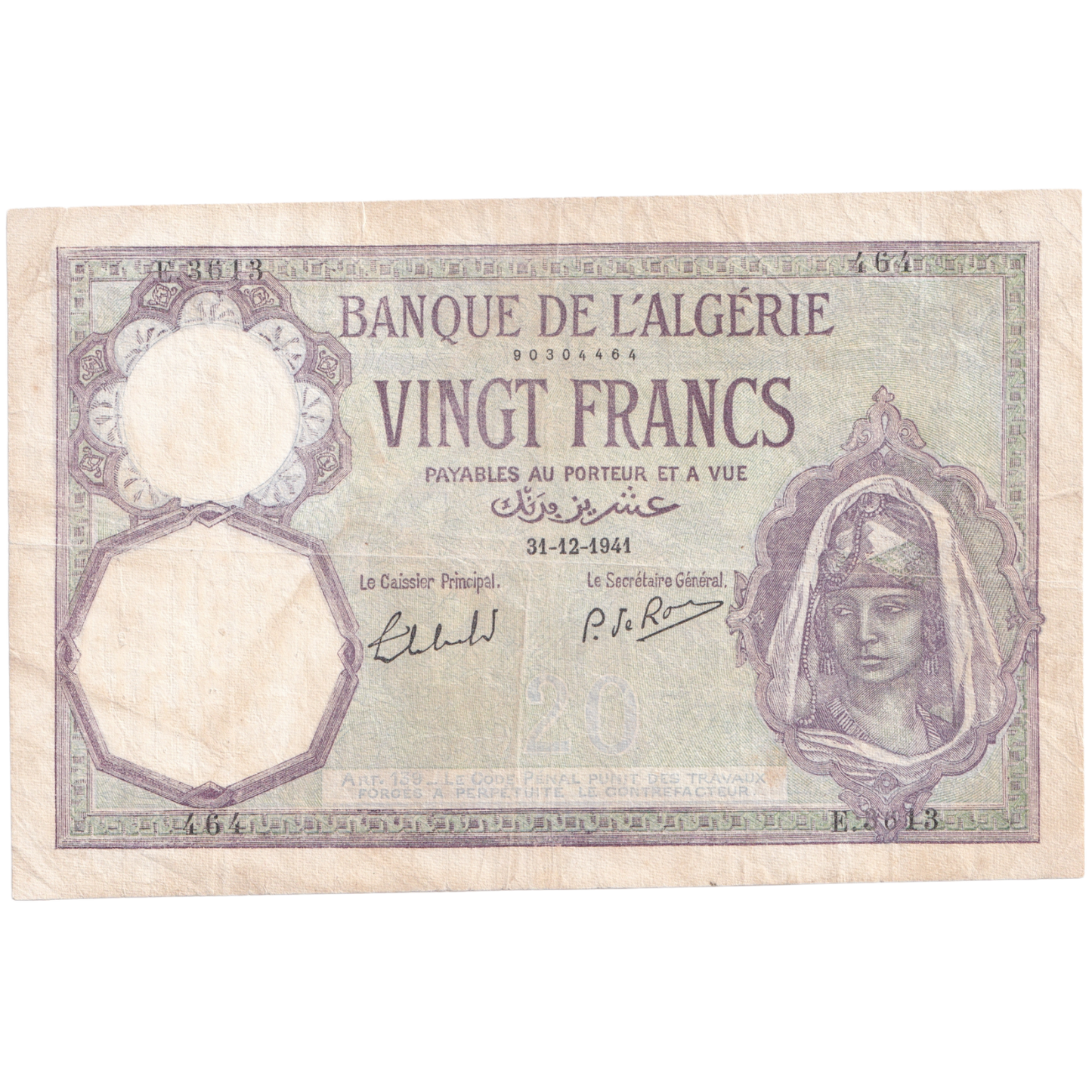 ALGERIA 1941 20 FRANCS VF 464 E.3613 Banknote