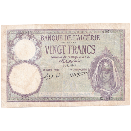 ALGERIA 1941 20 FRANCS VF 464 E.3613 Banknote