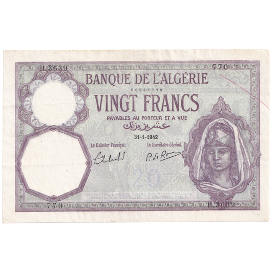 ALGERIA 1942 20 FRANCS AUNC H.3639 770 Banknote
