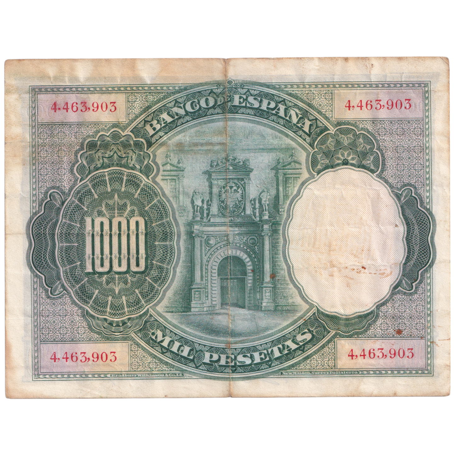 SPAIN ESPANA 1925 1000 PESETAS VF 4,463,963 Banknote