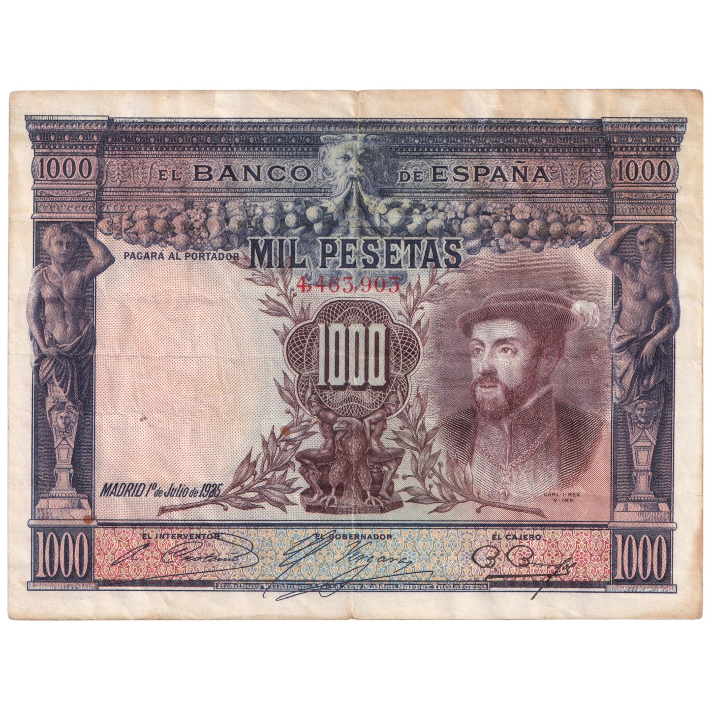 SPAIN ESPANA 1925 1000 PESETAS VF 4,463,963 Banknote