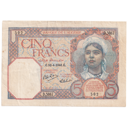 ALGERIA 1941 5 FRANCS AUNC D.5087 502 Banknote