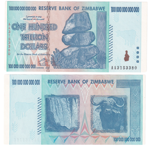 ZIMBABWE 2008 100 TRILLION DOLLARS UNC AA3153380 BANKNOTE