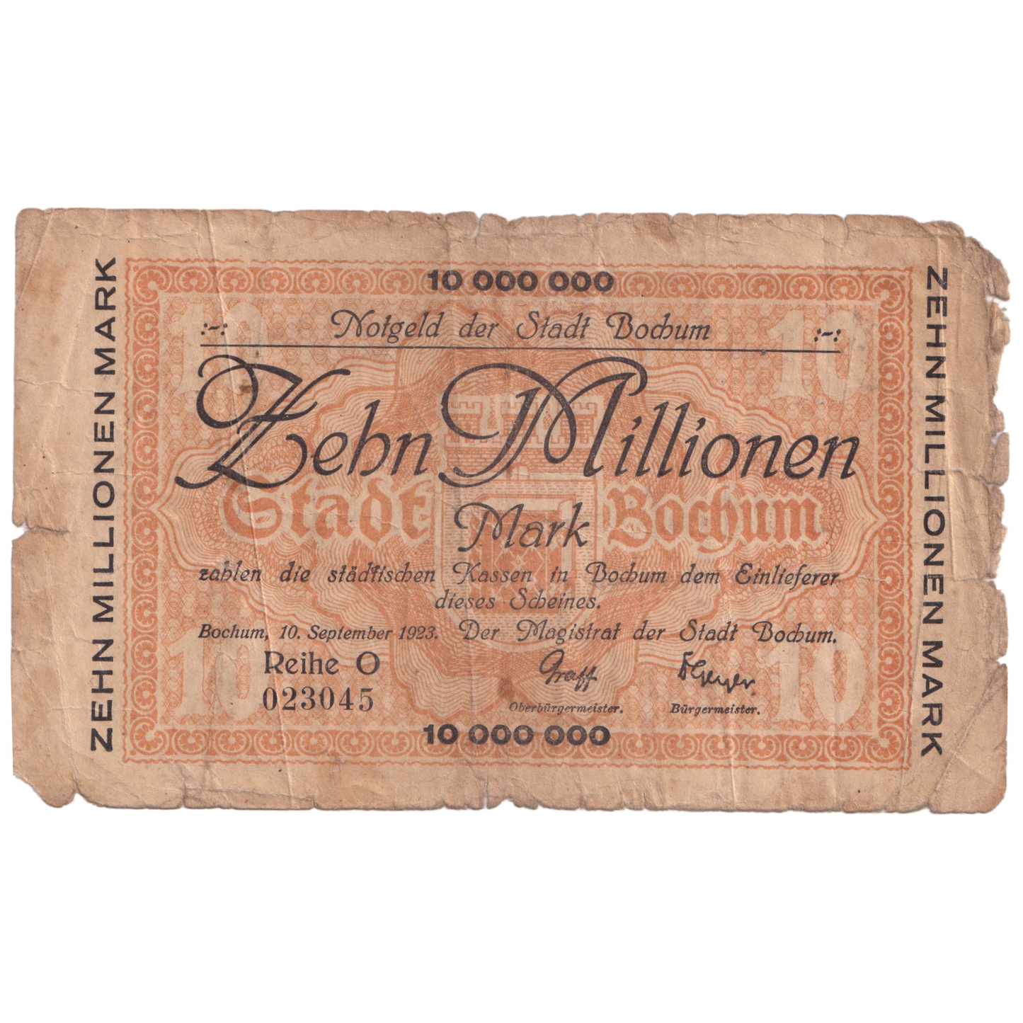 VILLE DE BOCHUM 1923 F 10 000 000 MARK 023045 Banknote
