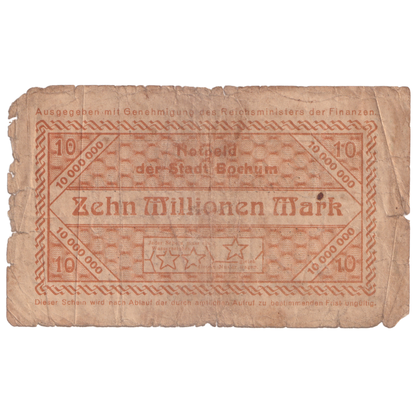VILLE DE BOCHUM 1923 F 10 000 000 MARK 023045 Banknote