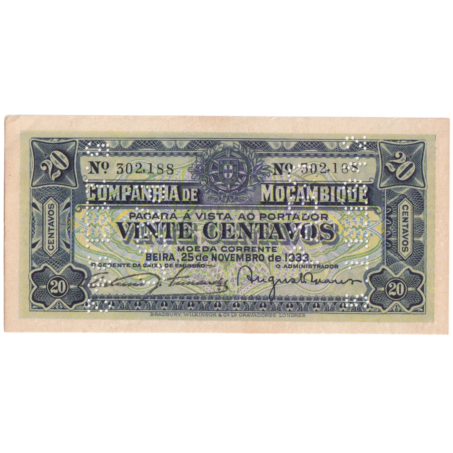 MOZAMBIQUE 1933 20 CENTAVOS UNC 302,188 Banknote