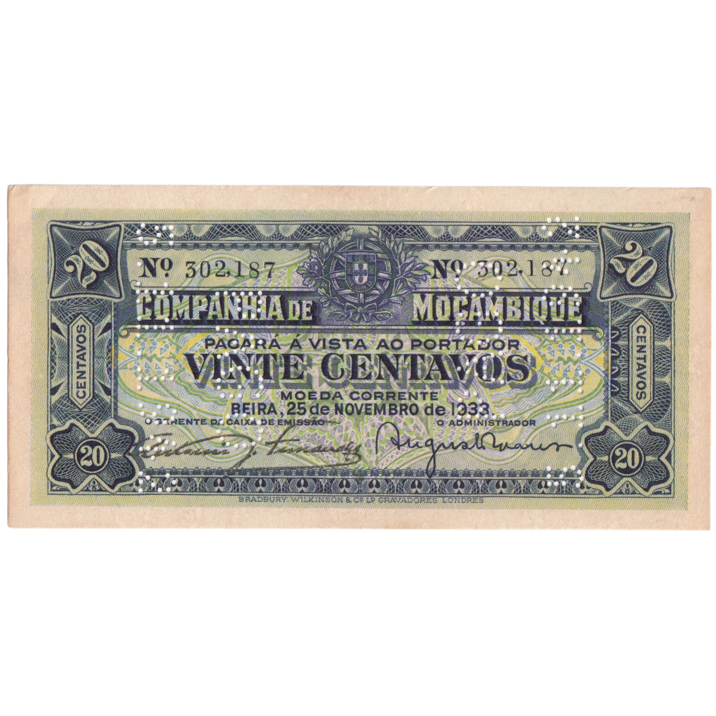 MOZAMBIQUE 1933 20 CENTAVOS AUNC 302,187 Banknote
