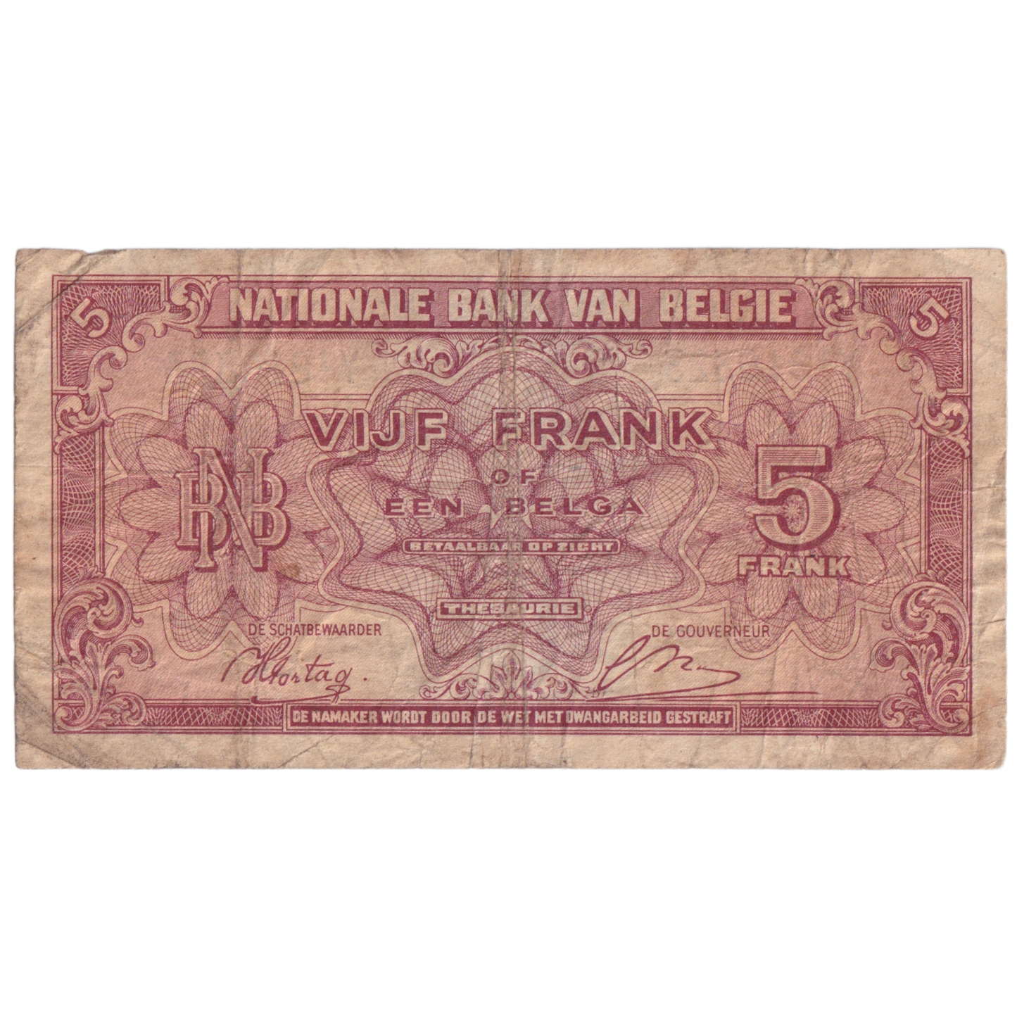 BELGIUM 1943 5 FRANCS VF Y1 816323 Banknote
