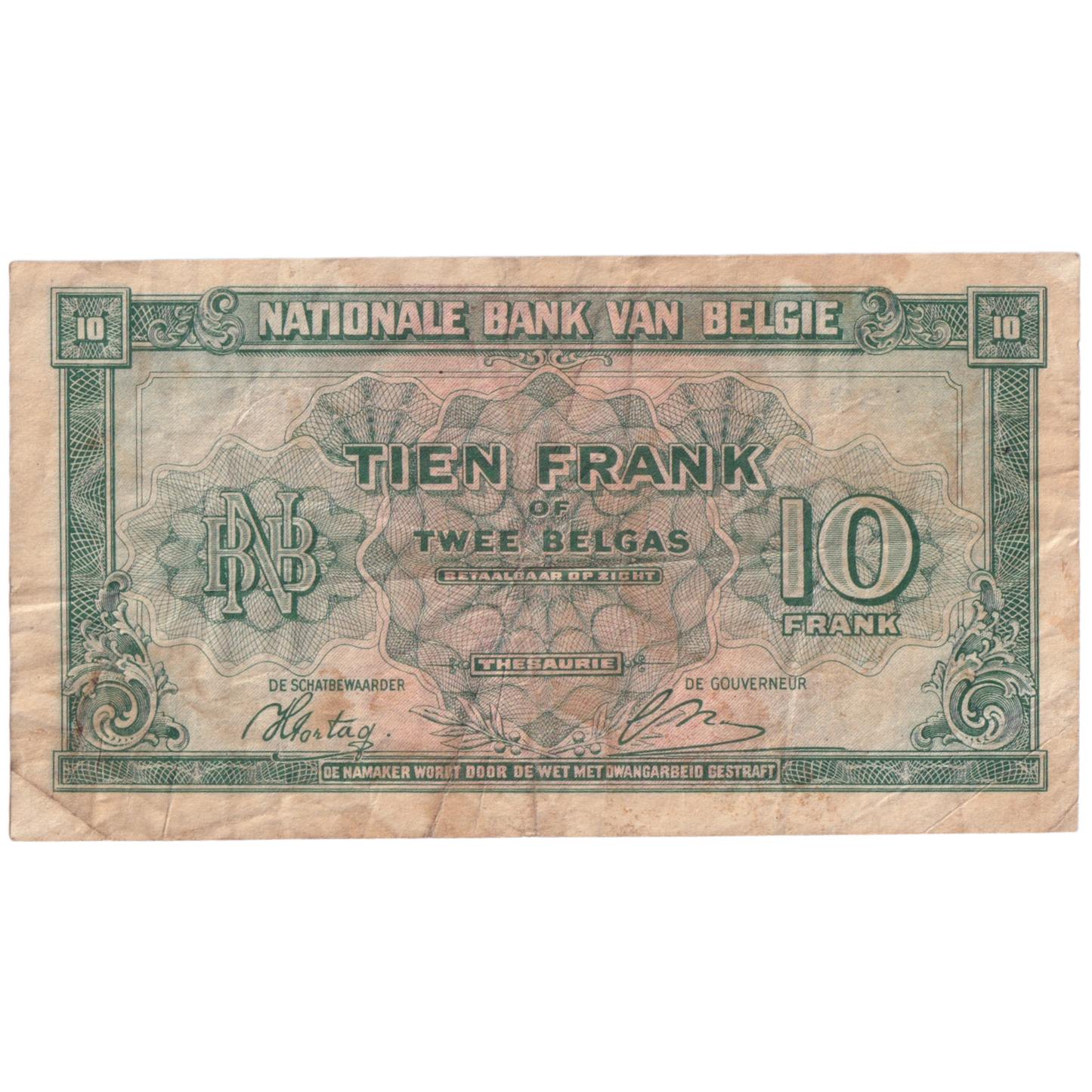 BELGIUM 1943 10 FRANCS VG F2334173 Banknote