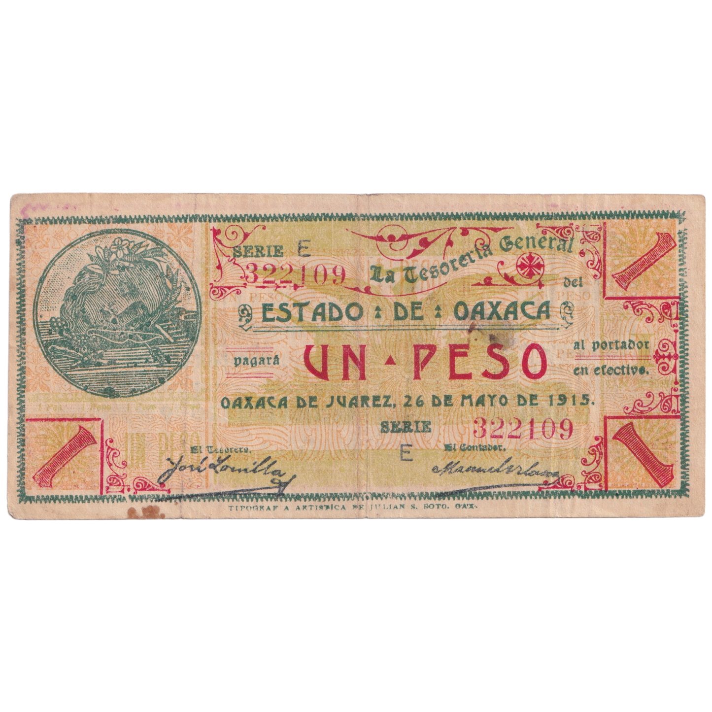 MEXICO 1915 1 PESO EF 322109 Banknote