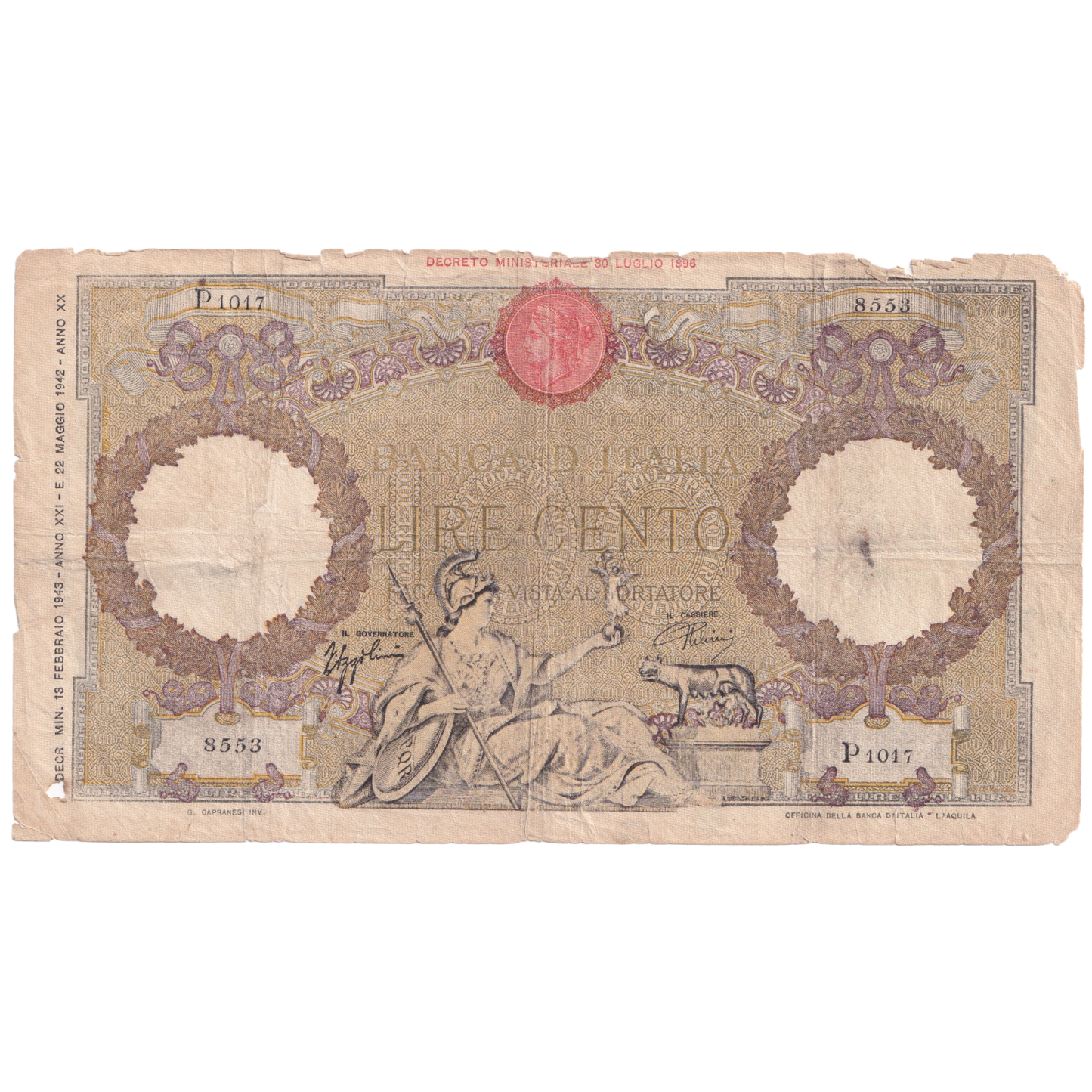 ITALY 1942-1943 100 LIRE F 8553 P 1017 Banknote