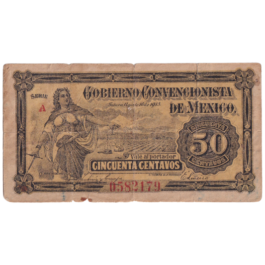 MEXICO 1915 50 CENTAVOS F 0582179 Banknote