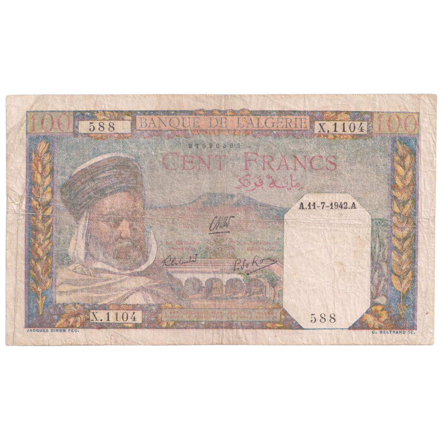 ALGERIA 1942 100 FRANCS F X.1104 588 Banknote