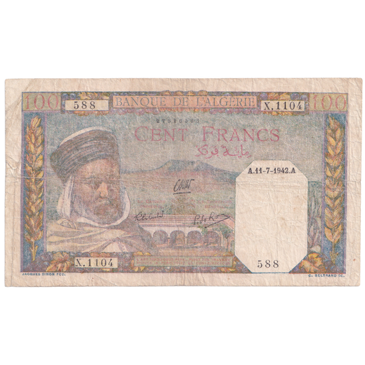 ALGERIA 1942 100 FRANCS F X.1104  588 Banknote