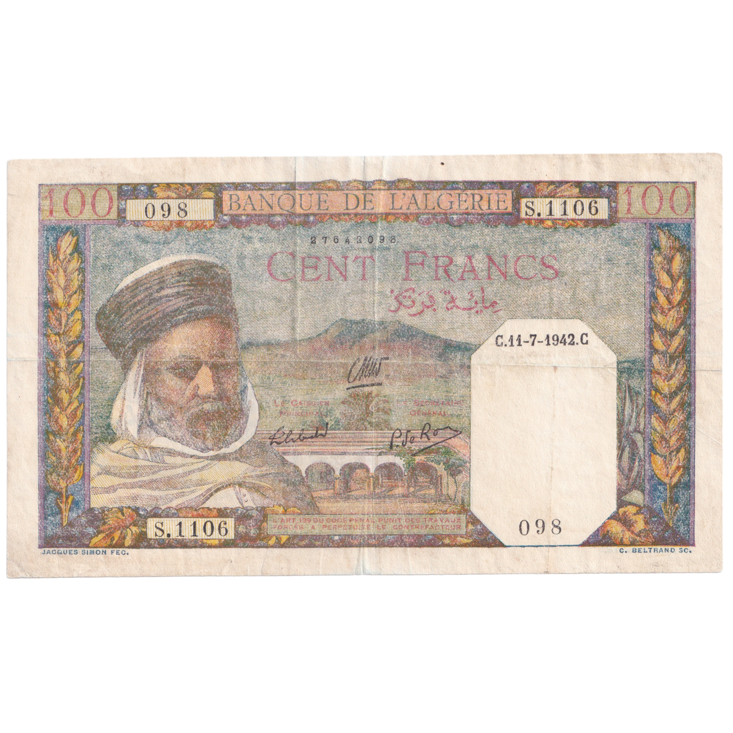 ALGERIA 1942 100 FRANCS VF S.1106 098 Banknote
