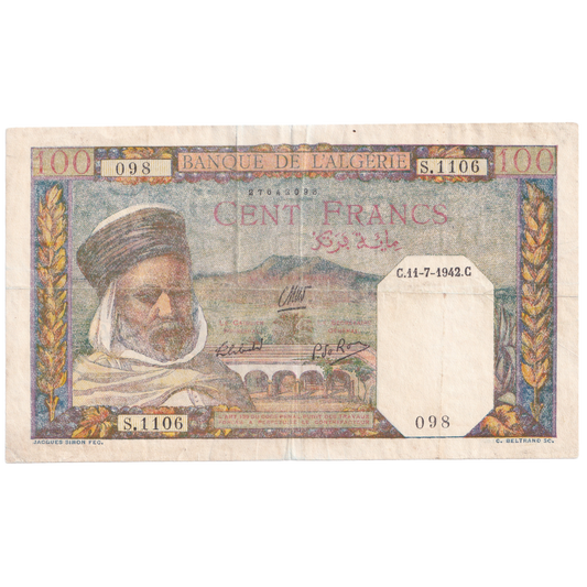 ALGERIA 1942 100 FRANCS VF S.1106 098 Banknote