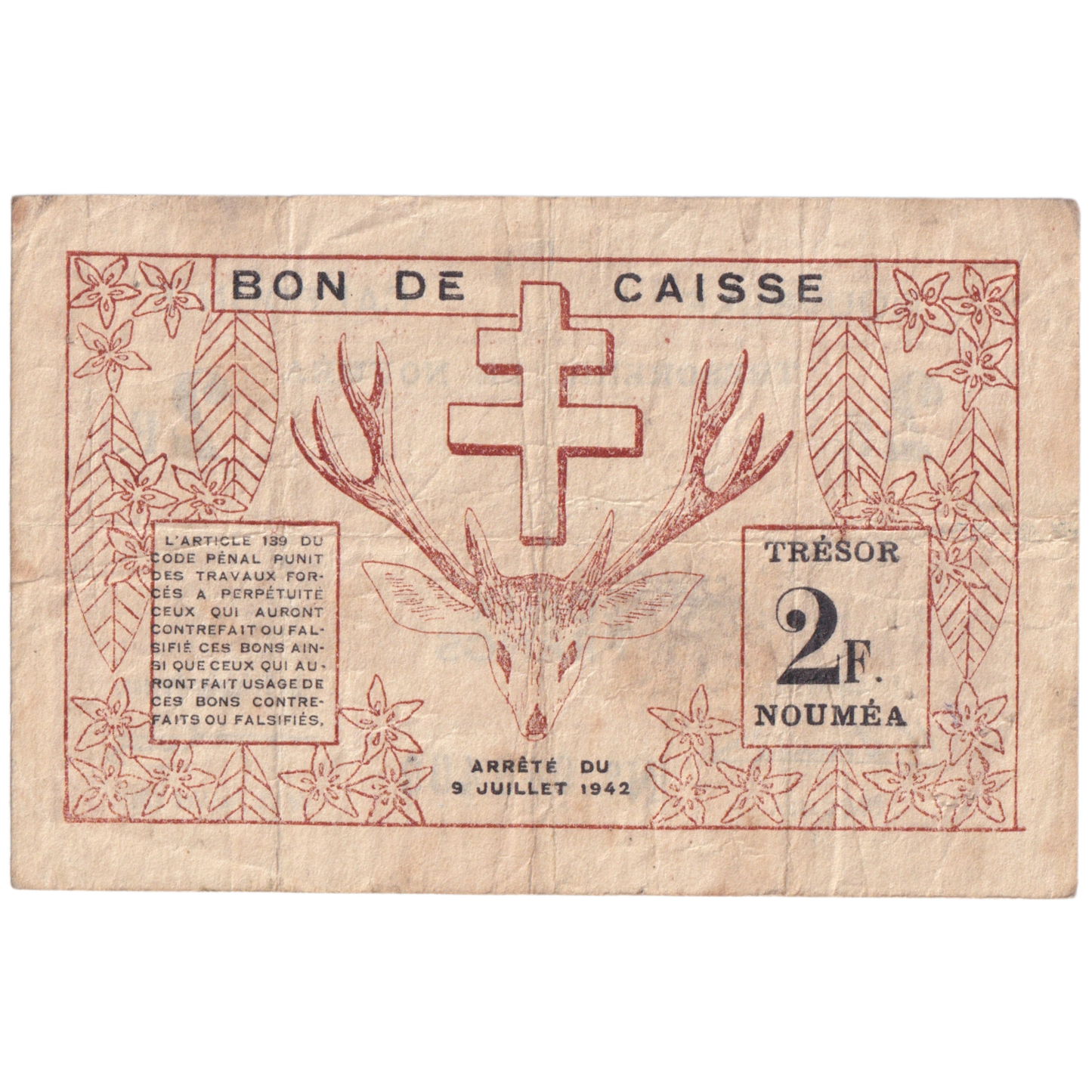 NEW CALEDONIA 1942 2 FRANCS VF 046400 Banknote