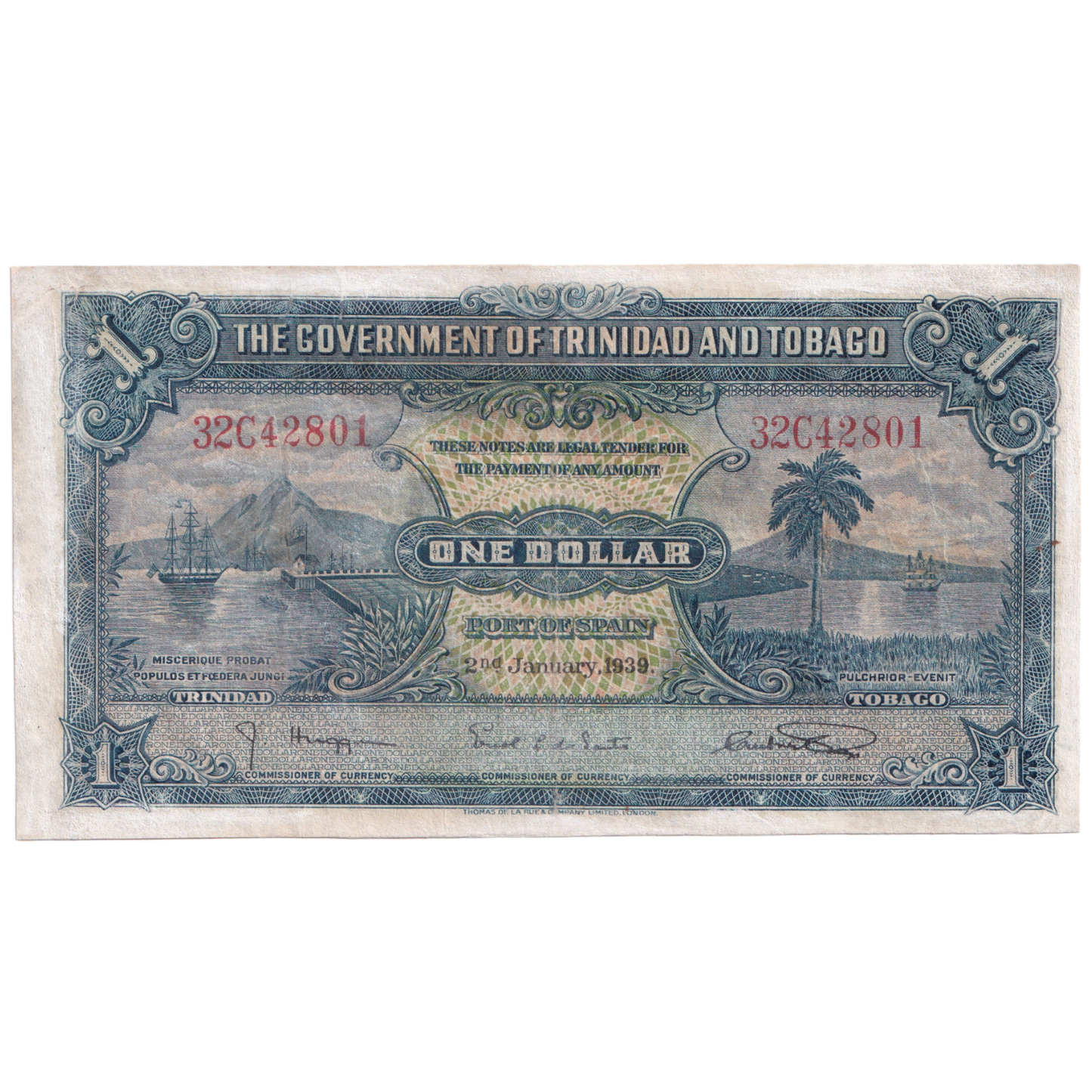 TRINIDAD AND TOBAGO 1939 1 DOLLAR UNC 32C42801 Banknote