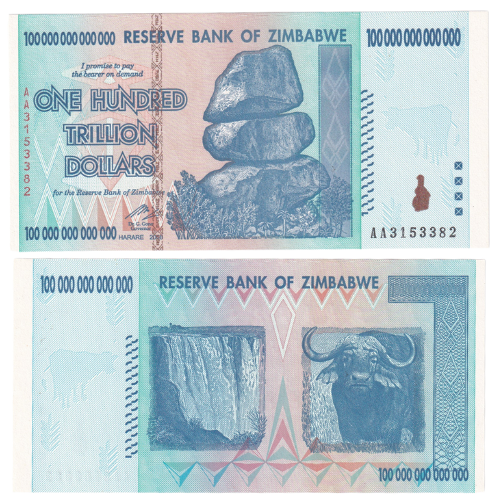 ZIMBABWE 2008 100 TRILLION DOLLARS UNC AA3153382 BANKNOTE